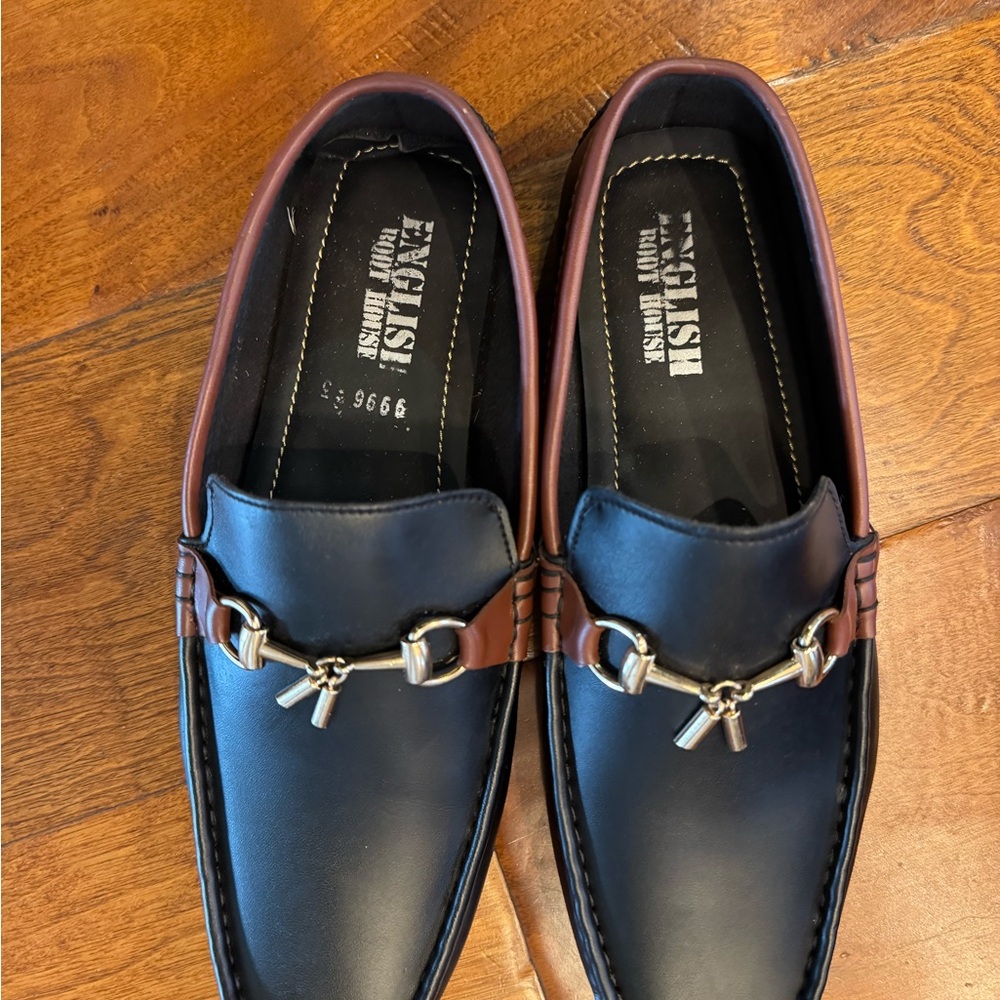 English Laundry Black and Brown Slip-On Loafers with Metal Accent